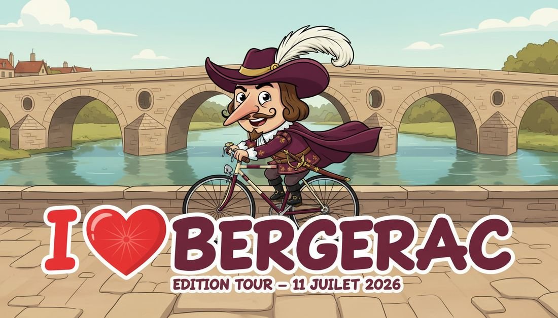 I Love Bergerac - Cyrano on a bike at the Bergerac old bridge, Tour de France 11 July 2026